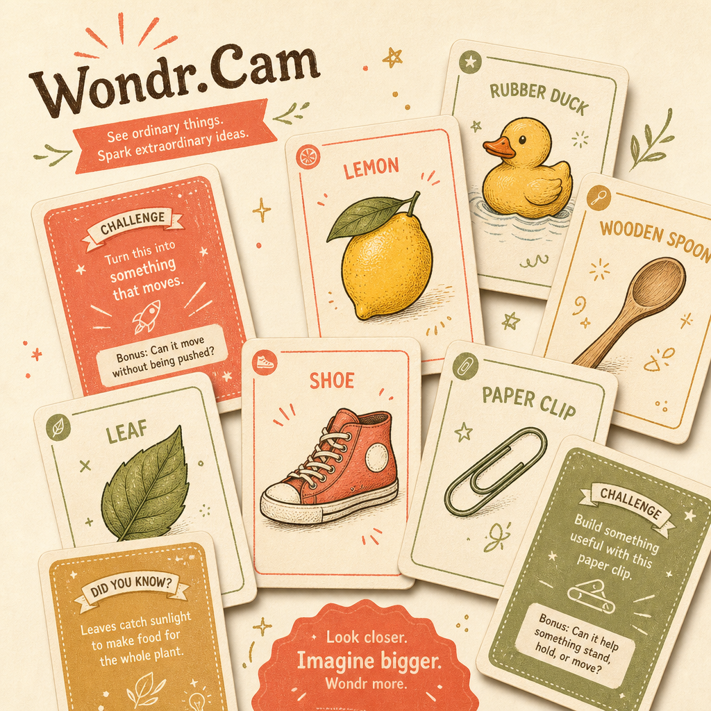 A scattered set of Wondr.Cam collectible cards showing everyday objects and their challenge backs