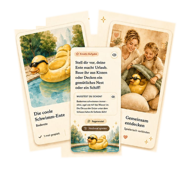 Wondr.Cam cards showing a rubber duck, its creative challenge and a mother playing with her daughter